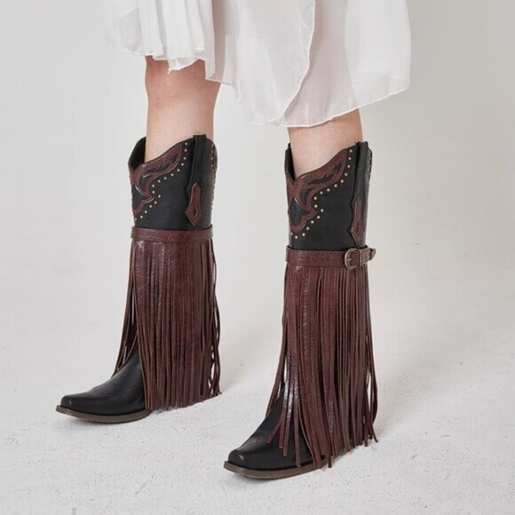 SaraIris Women's Western Booties | Black Pointed Toe Fringe Mid-Calf Cowgirl - Picture 7 of 7